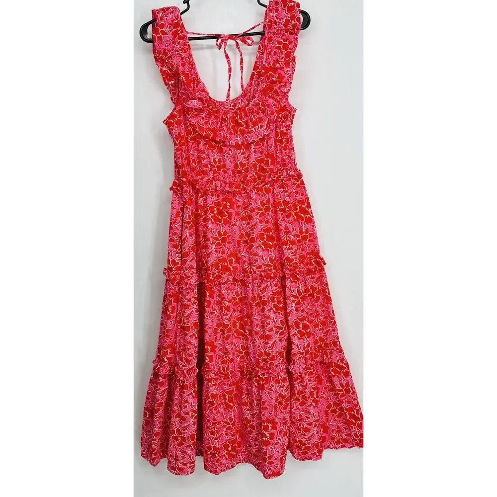 J.Crew Womens Size 8 Pink Floral Cotton Tiered Midi Dress Ruffle Pockets Garden
